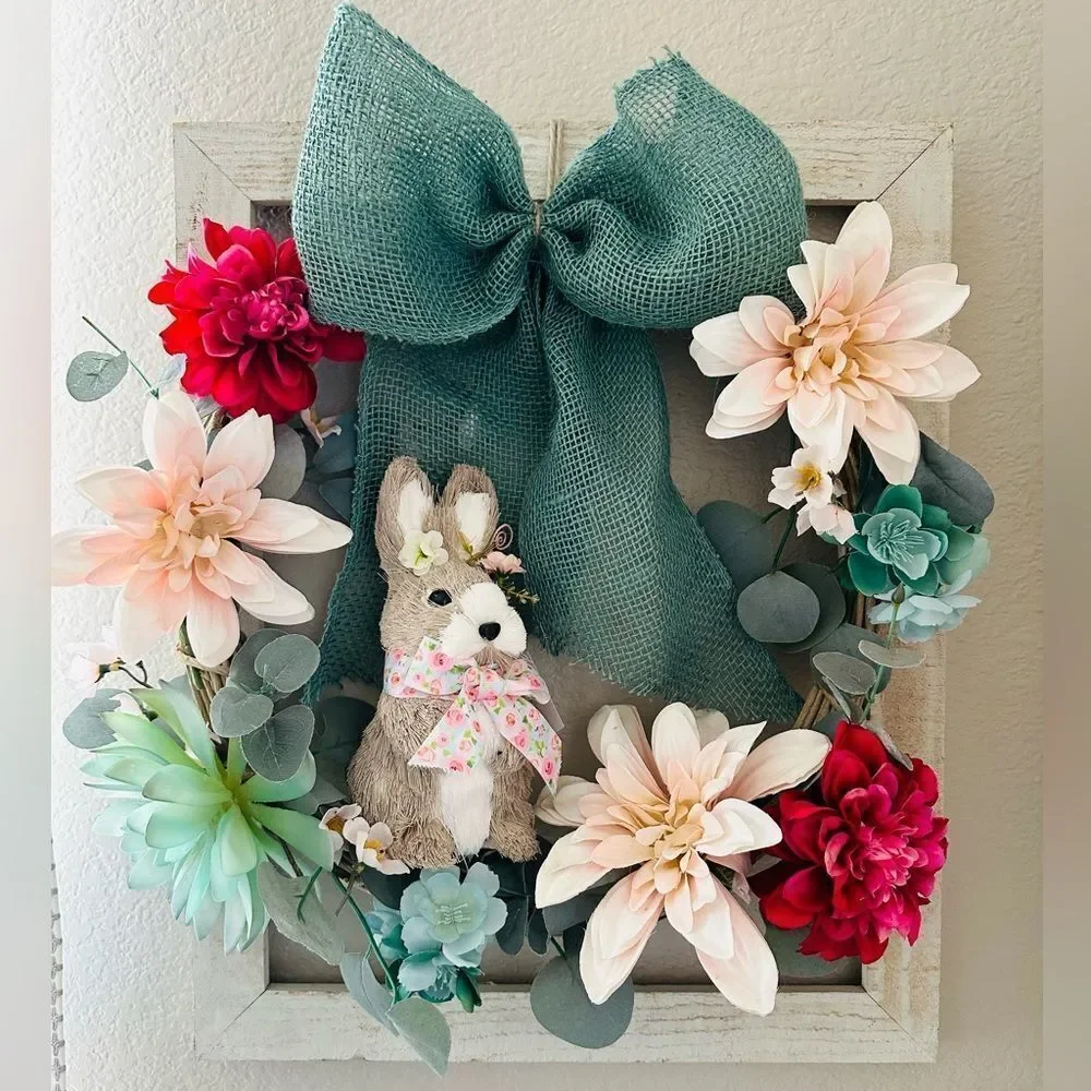 Easter Bunny Spring Farmhouse Floral Rustic Wooden Wreath Wall Decor